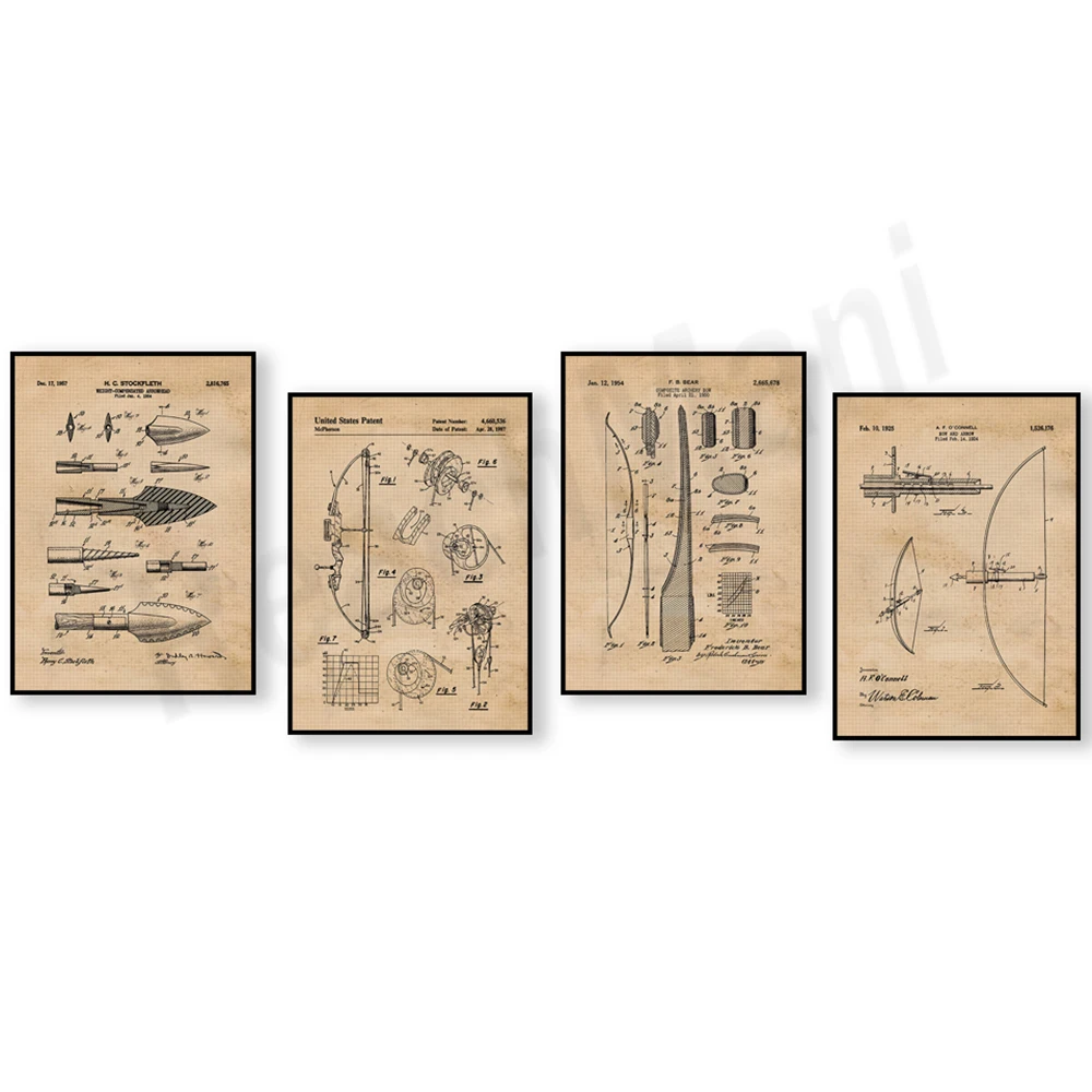 Outdoor Hunting Paintings - Vintage bow and arrow patent print,